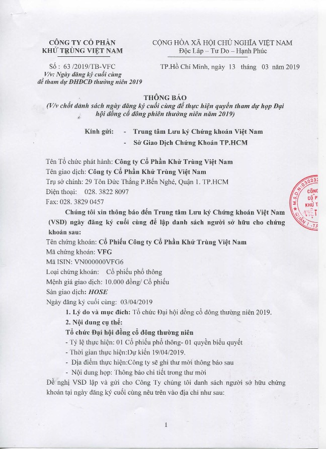thông báo cổ phiếu vfg