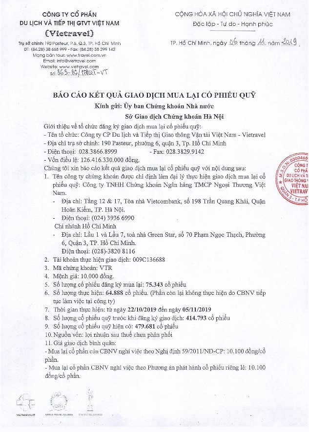 thông báo giao dịch cổ phiếu quỹ VTR