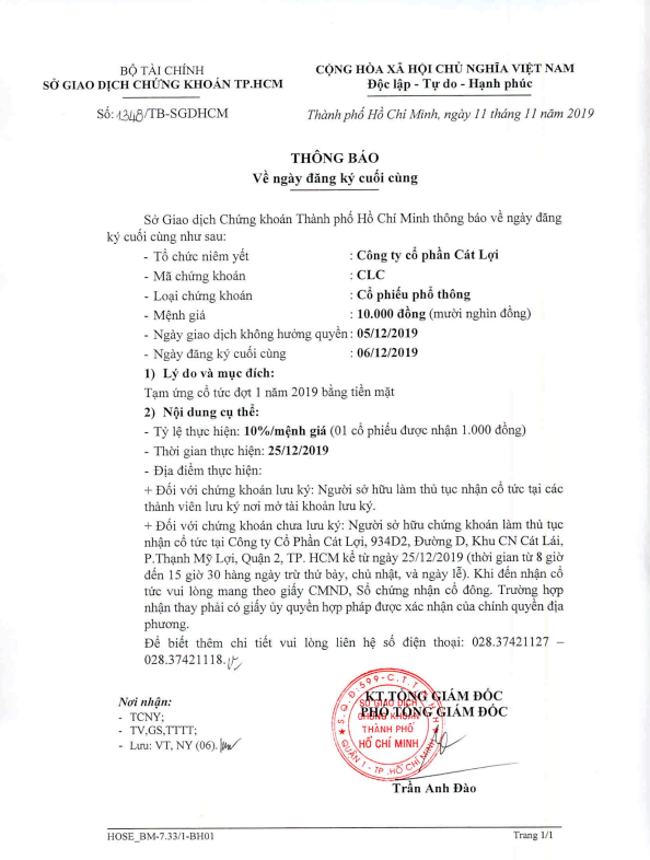 cổ phiếu clc trả cổ tức bằng tiền mặt