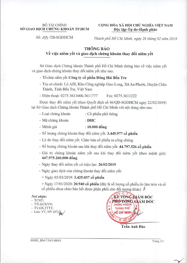 cổ phiếu DHC niêm yết bổ sung